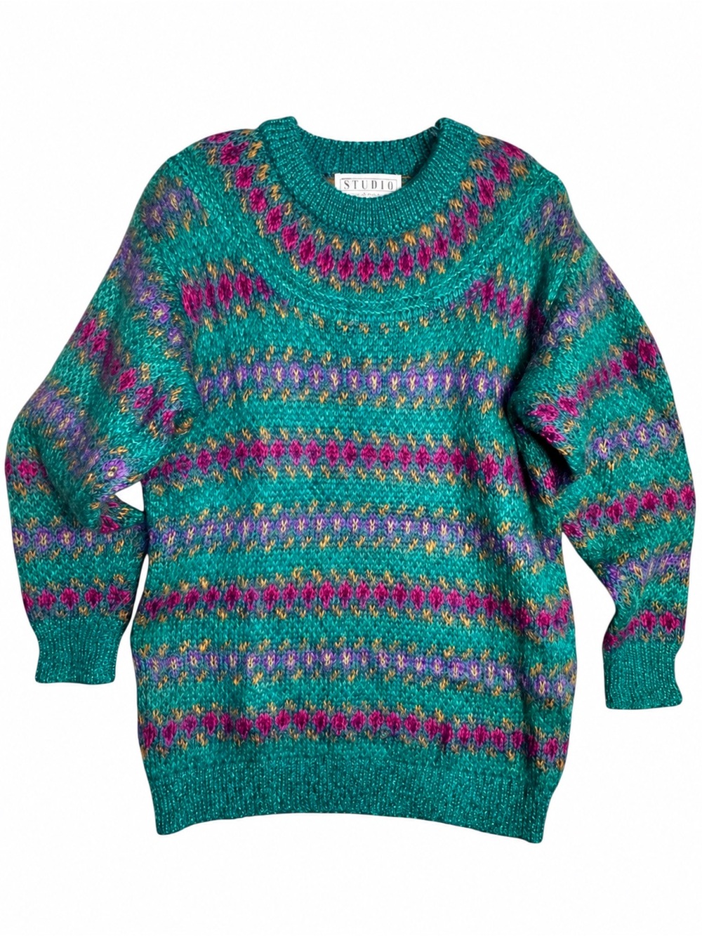 Vintage 80s Studio Michelle Stuart Mohair Fair Isle Sweater‎ Teal M